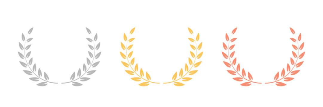 Award laurel wreath collection. Gold silver copper winner awards prizes for awarding ceremony, championship, best player, anniversary. Quality certificates. Premium vector illustrations set.