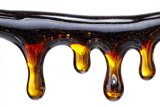 Deep glossy Kuromitsu black sugar syrup dripping on white background, translucent amber edges with realistic liquid texture