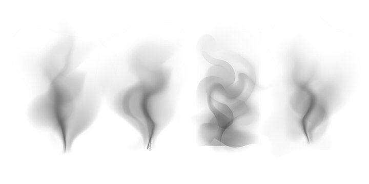Steam smoke rising from hot coffee, water, tea, drink or food on white background. Black vapor effect for food and drink design. Realistic vector illustrations set.