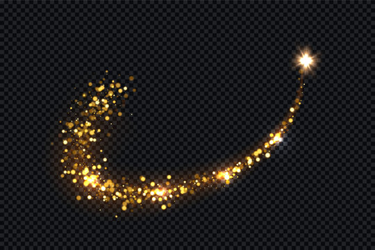 Magic gold dust light with glowing star. Sparkling golden particles forming smooth curved path ending in radiant light burst on dark background. Festive vector illustration.