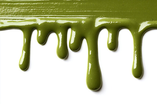 Thick and creamy Matcha green tea sauce dripping on white background, rich earthy green color with realistic 3D shadows