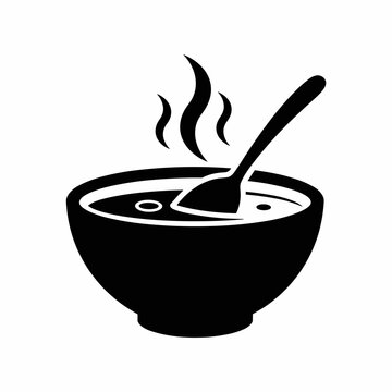 A black and white vector icon depicting a steaming bowl of hot soup with a spoon inside, symbolizing warmth, comfort, and a delicious meal.