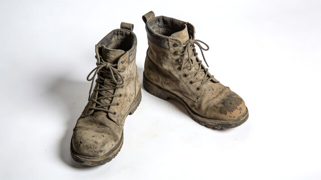 Pair of worn, dirty tan leather work boots covered in dried mud isolated on white background. Professional industrial footwear after heavy labor.