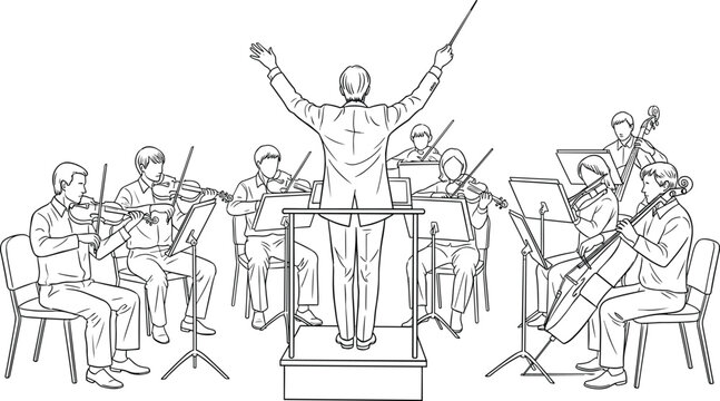 Orchestra Performance Line Illustration with Conductor and Musicians Playing Classical Instruments
