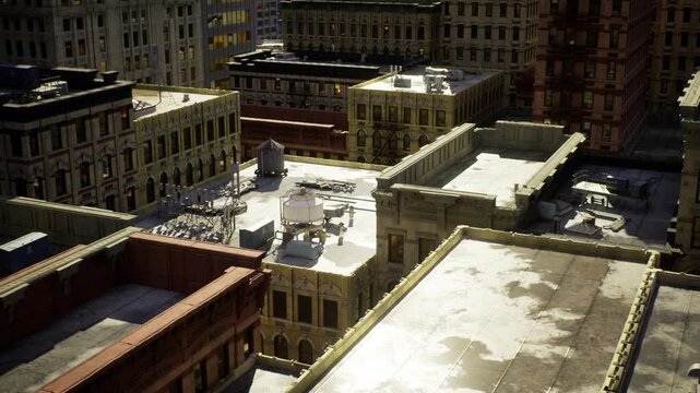 Angular rooftop geometry with repeating parapets and ridges, sharp shadows creating pattern, textured roofing surfaces, nearby masonry and steel facades, calm