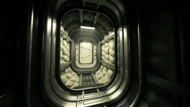 Deep cylindrical airlock corridor bathing green light, heavy bulkheads, pressure seals, circular ring structures, maintenance ladders, tight perspective,