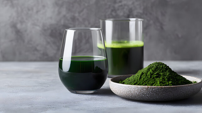 Healthy Green Chlorophyll Liquid Supplement in Glass with Organic Chlorella or Spirulina Powder in a Bowl, Set on a Minimalist Grey Textured Background for Wellness and Detox Concepts.