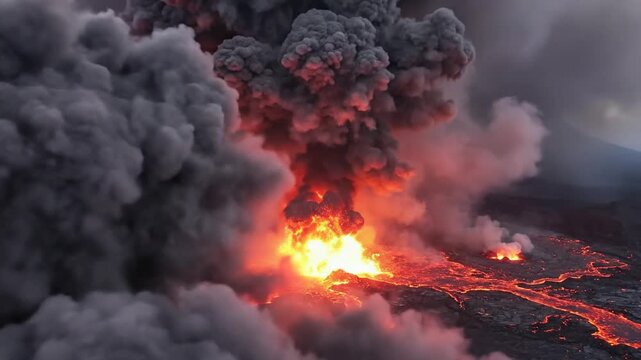 Volcanic Eruption Emitting Fire and Ash Clouds