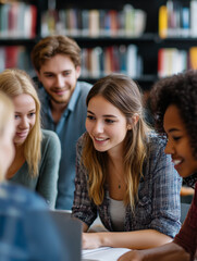 Obraz premium Diverse students collaborating on project in university library