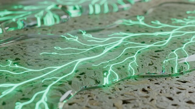 Flowing translucent bio plastic liquid with soft green plant fibers loop2