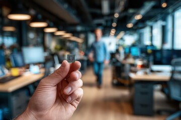 Obraz premium Technician holding microchip in modern workspace office