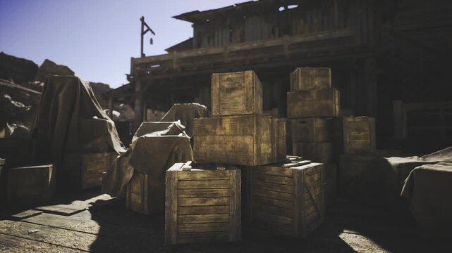 Stacked supply crates under western building eaves with small flag and rocky backdrop, high contrast sunlight sculpts crates and creates strong silhouettes,