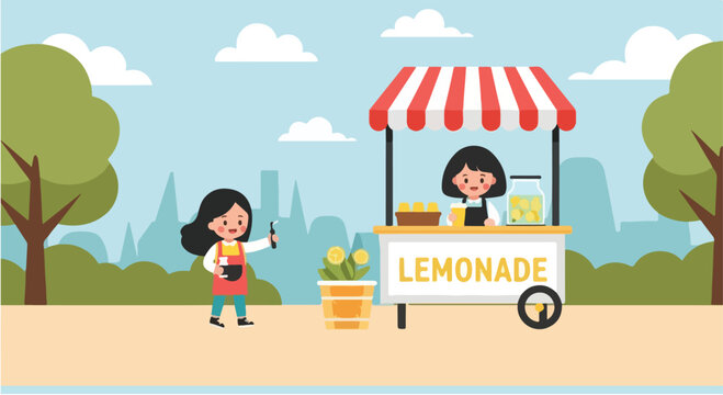 Children selling lemonade at a stand on a sunny day.