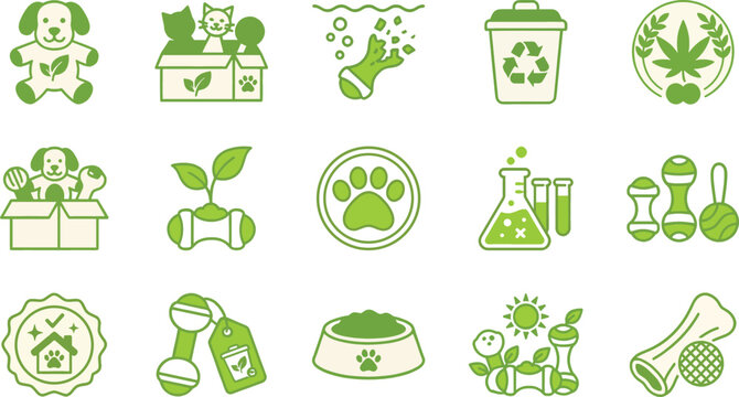 Biodegradable pet toys icon set for eco friendly brands