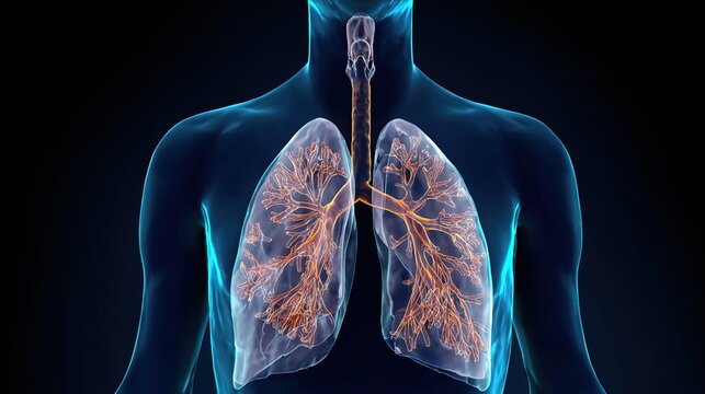 Medical conceptual illustration of asthma respiratory disorder, chronic inflammatory lung disease, narrowed airways, breathing difficulty, bronchial constriction and respiratory allergy issue, 