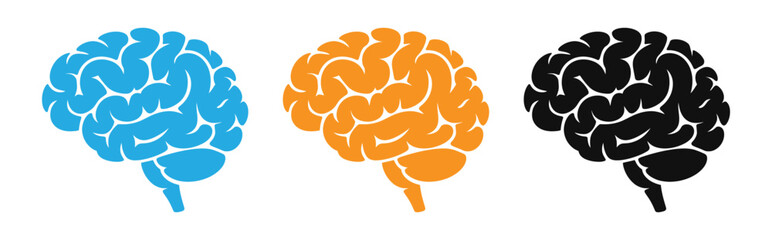 Brain icons in blue, Orange, And black on white background for concepts of intelligence, Thinking, And creativity vector illustration © Nabila