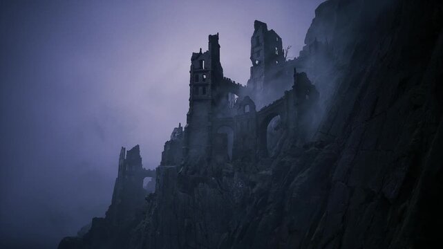 Crumbling cliffside towers loom over sea and mist, jagged stone profiles slice into purple sky, steep vertical faces and ruined parapets create ominous