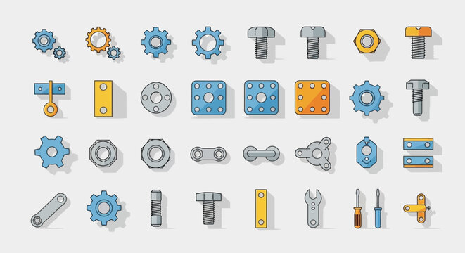 Mechanical Parts Icons: Gears, Bolts, Nuts, Wrench, Screwdriver Set