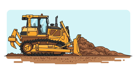 Yellow bulldozer pushing dirt on construction site, heavy machinery illustration © mak