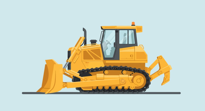 Yellow bulldozer construction vehicle flat design isolated on light blue background