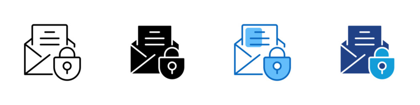 Secure Mail Multiple Style Icon Design Vector - Envelope with document and lock representing protected messaging, encrypted data transfer, and privacy control