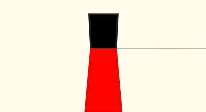 Abstract minimalist graphic design featuring a red trapezoidal shape topped with a black rectangle against a light background.