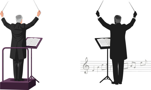 Orchestra Conductor Back View Illustration with Baton, Music Stand, and Classical Symphony Performance