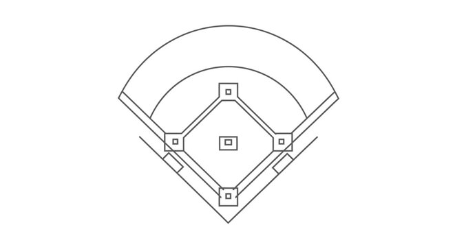 Detailed Outline Drawing of a Baseball Field Layout, isolated white background.