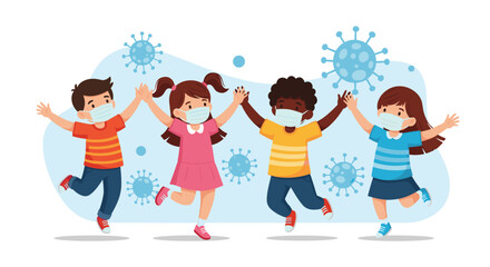Fototapeta premium Diverse group of children holding hands and wearing face masks to protect against virus spread during a health crisis.