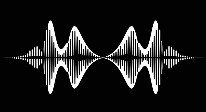 Abstract white sound wave visualizer on black background, digital audio frequency equalizer.
