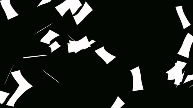 Bright white papers falling animation on black background. Paper flakes blast- Realistic paper sheets confetti overlay loop. Many pieces of blank white paper are falling like money in a torrent.