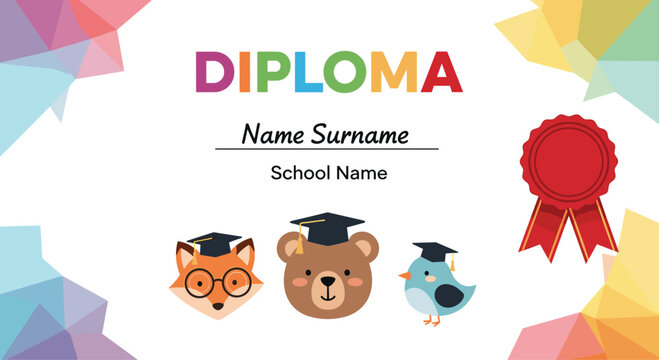 Creative diploma certificate template for kids featuring cute animals like a fox bear and bird wearing graduation caps.