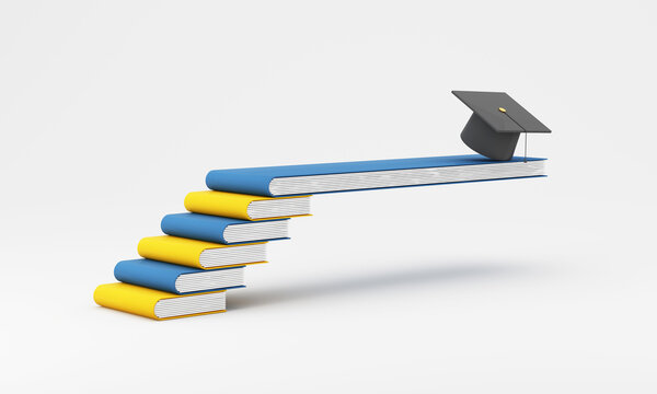 Education success concept with graduation cap on blue and yellow book staircase, symbolizing learning progress and future achievement, 3d rendering.