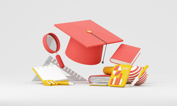 Education success concept with red graduation cap, books, notebook, magnifier, ruler and analytics card on light gray background, 3d rendering.