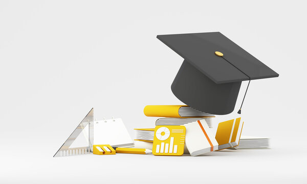 Back to school concept with graduation cap, books, notebook, pencil, ruler and analytics card on light gray background with copy space, 3d rendering.