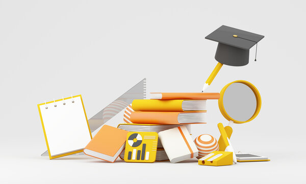 Back to school and graduation concept with stacked books, notebook, chart card, ruler, magnifier, pencil and school supplies, 3d rendering.