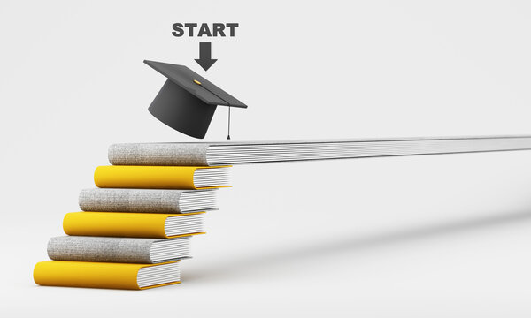 Education journey concept with START arrow, graduation cap and stacked books forming steps toward success on light gray background, 3d rendering.