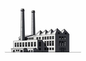 Naklejka premium Detailed grayscale illustration of an industrial factory building with two tall smokestacks and a sawtooth roof design.
