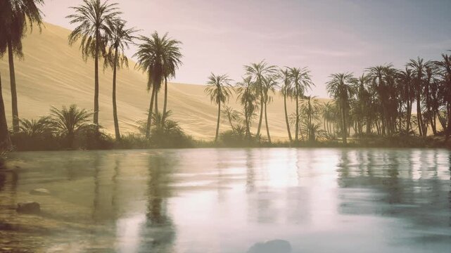 Golden sunrise over morocco oasis, calm water reflecting tall palm silhouettes and rolling sand dunes, warm haze and pastel sky creating tranquil atmosphere.