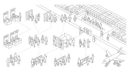 Obraz premium Isometric Airport Passenger Journey Workflow – Architectural Technical Blueprint of Check-in to Boarding Process with Human Activity Flow, Movement Paths and Terminal System Diagram