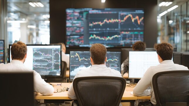 Focused individuals analyzing financial data in a modern trading office with multiple computer screens