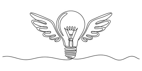 Naklejka premium continuous one line drawing Creative inspiration, winged light bulb, idea icon, innovation symbol