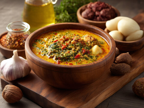 Egusi soup in wooden bowl with garlic and spices
