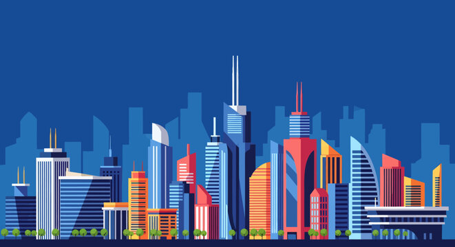 Modern cityscape with diverse skyscrapers and buildings against a deep blue sky, representing urban development and city life.