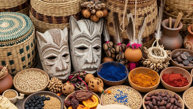 Artisanal Wood Carved Masks and Handmade Woven Baskets with Fruits