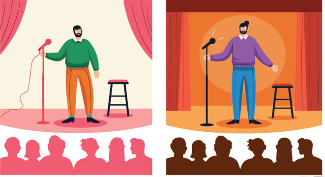Stand Up Comedy Show Illustration with Comedian on Stage, Microphone Performance, and Audience Silhouette