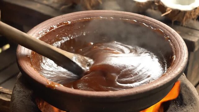 Stirring Thick Palm Sugar Syrup in Traditional Clay Pot Over Open Wood Fire
