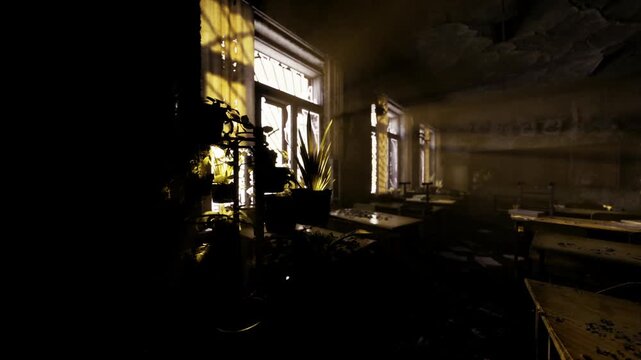 Moody cinematic interior of abandoned school with harsh window light, silhouetted plants and textured plaster, dramatic shadows amplify sense of mystery