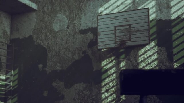 Striped light falling across bench and floor, shutters create rhythmic lines over hoop and scattered debris, serene yet eerie interior filled with dust