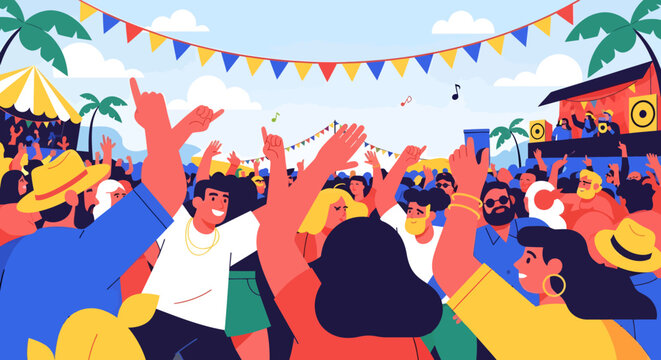 Vibrant outdoor music festival with diverse crowd dancing and enjoying live performance under colorful bunting